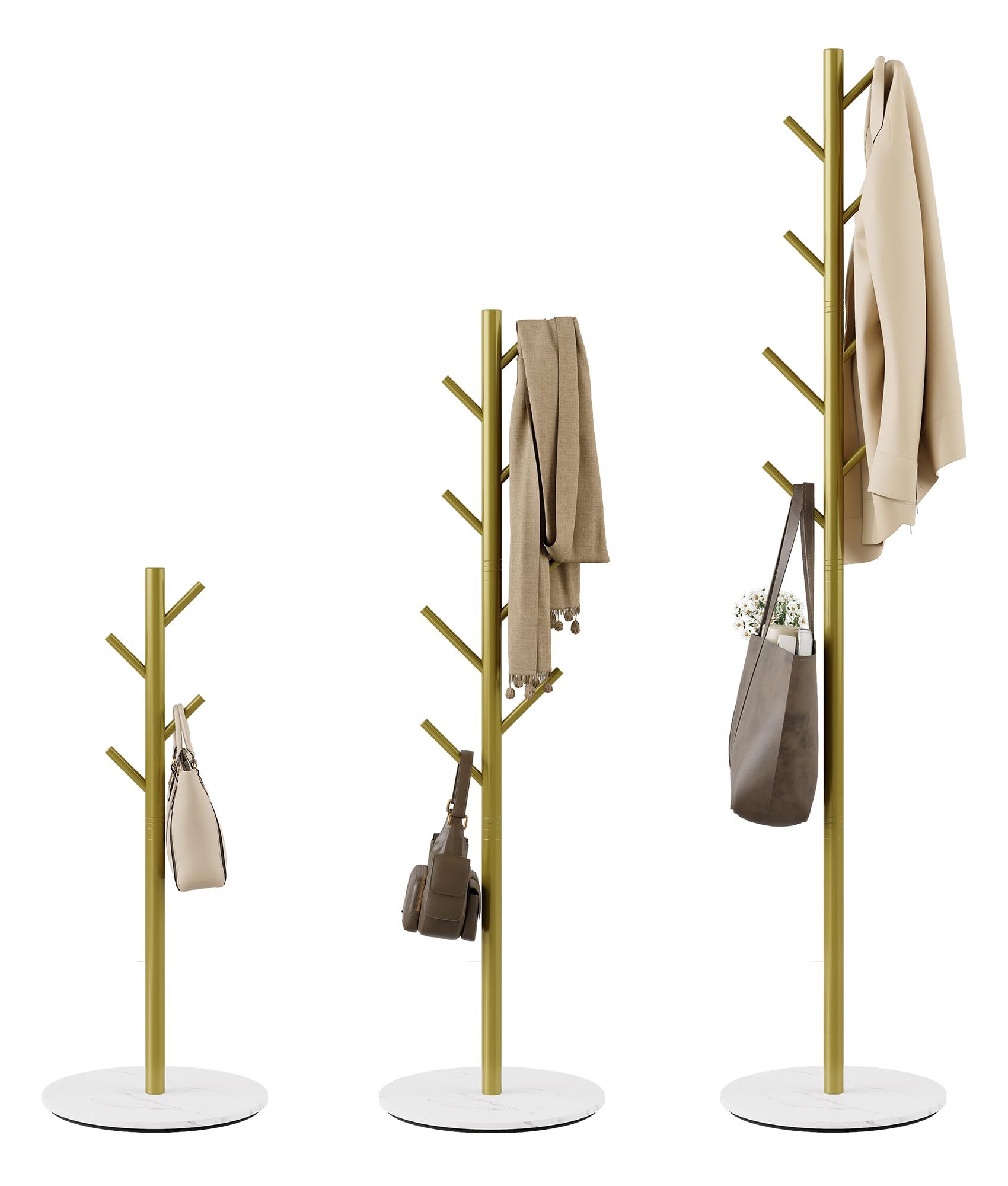 Photo 1 of Tujurich Coat Rack with 8 Hooks, 3 Adjustable Heights, Modern Hall Tree, Sturdy Metal Clothes Stand with Sintered Stone Base for Entryway, Office, Bedroom, for Coats, Hats, Handbags and Scarves, Gold