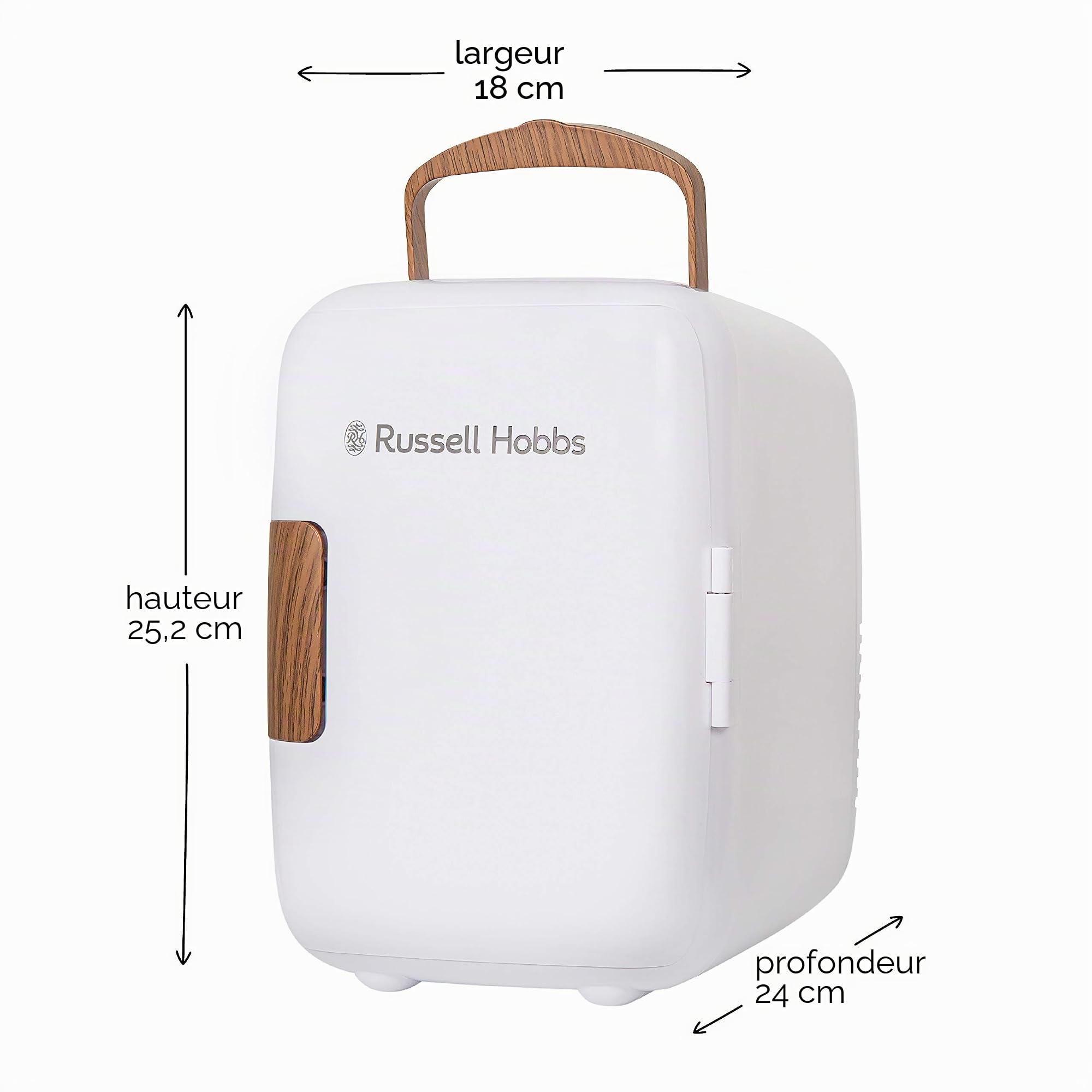 Russell Hobbs RH4CLR1001SCW Mini refroidisseur portable et chauffe-canettes pour boissons, cosmétiques, maquillage, soins de la peau, alimentation AC/DC, style Scandi, blanc et effet bois, pour