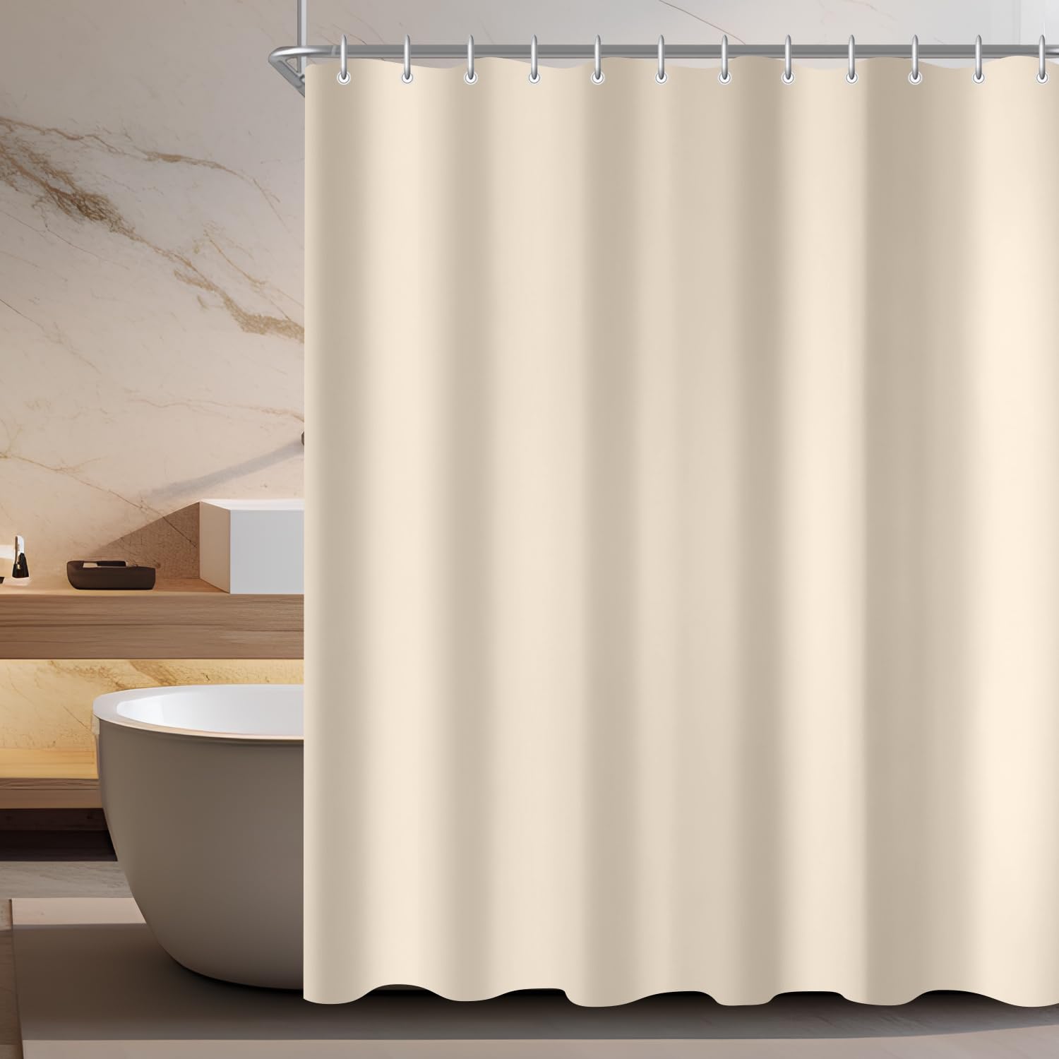 Lerores Shower Curtain, 200 x 180 cm, Beige, Weighted Hem, Anti-Mould Textile, Water-Repellent, Washable Polyester Fabric Bath Curtains for Bathroom, Bath with 12 Shower Curtain Rings โ image 1