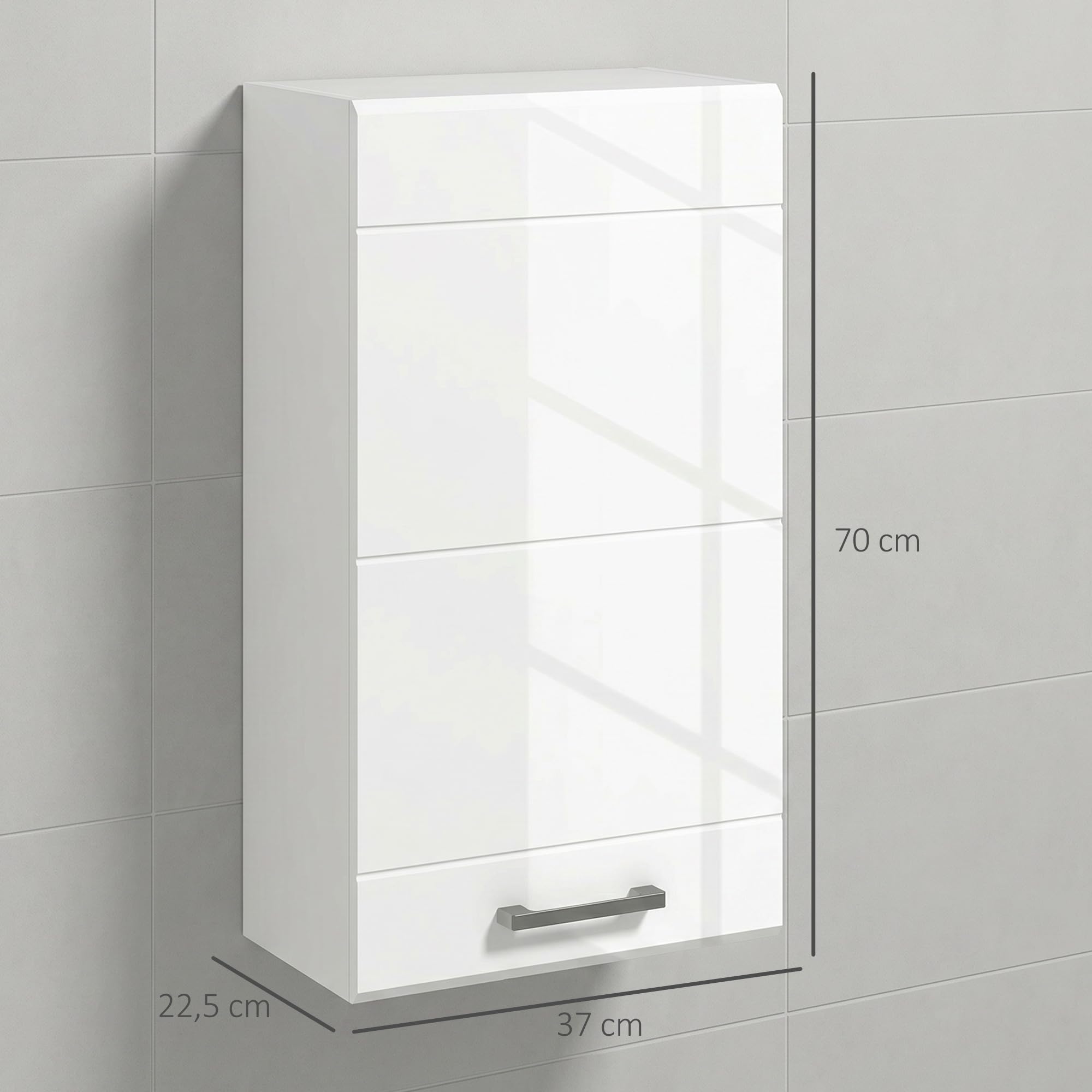 kleankin Armoire Murale de Salle de Bain, Placard de Rangement Toilette 3 Niveaux, étagère réglable, 1 Porte, Moderne, Armoire Suspendue, 37 x 22,5 x 70 cm, Blanc Haut Brillant
