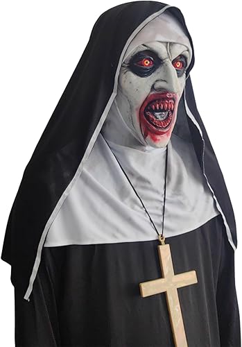 Miniatura 4 de Máscara realista de monja malvada de cabeza completa con collar de cruz, máscara de monja sangrienta aterradora, disfraz de monja de Halloween,