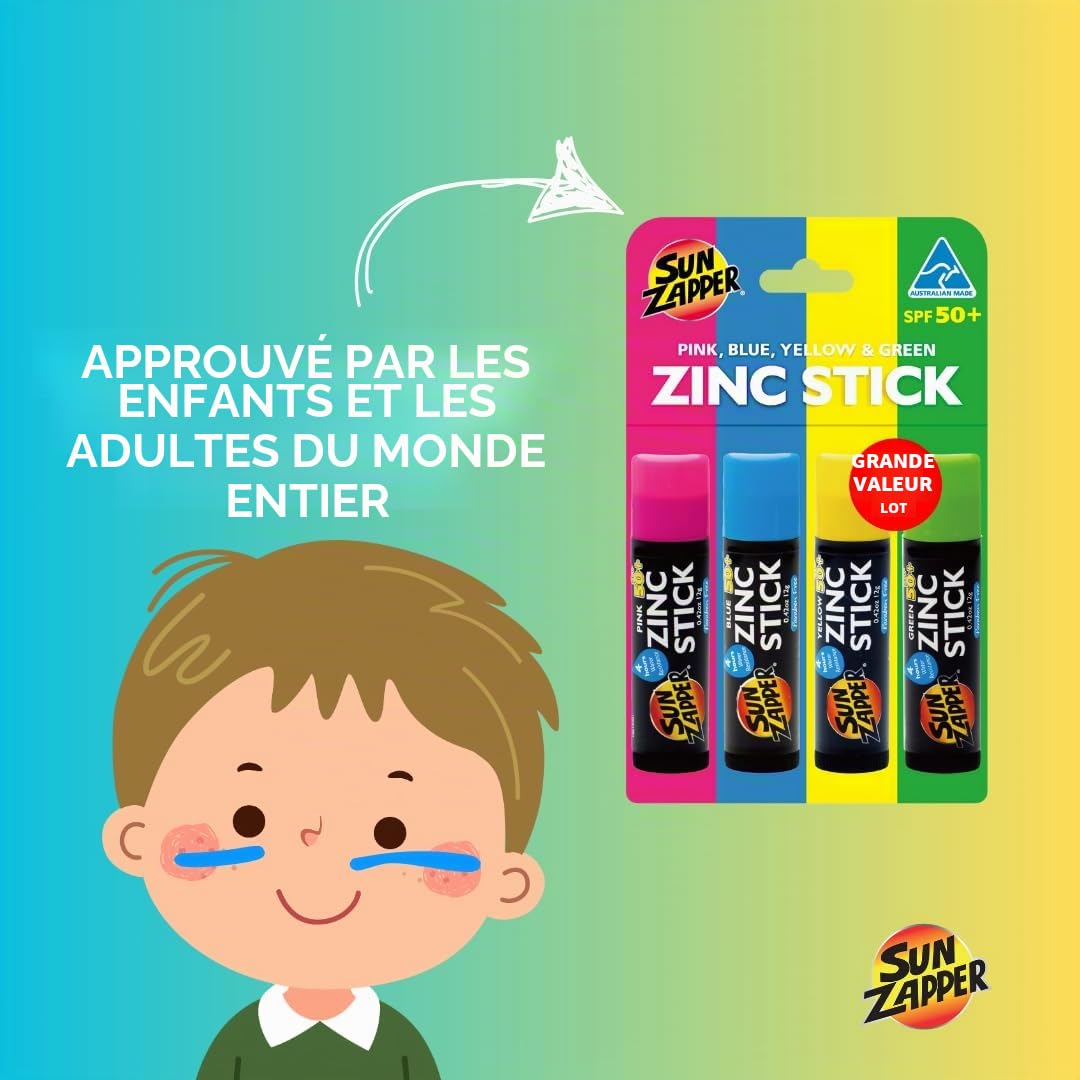 Sun Zapper Sun Block Bâtons de zinc – Pack arc-en-ciel (rose, bleu, vert, jaune) – Crème solaire colorée – Très haute protection solaire SPF50+ UVA/UVB + crème solaire pour enfants et adultes