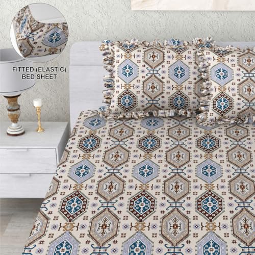 Image of VOMZER Queen Size (60x78) 300 TC Soft Cotton Feel Microfiber All Around Elastic Fitted Double Bedsheet with 2 Frill Pillow Covers | Desert Mosiac