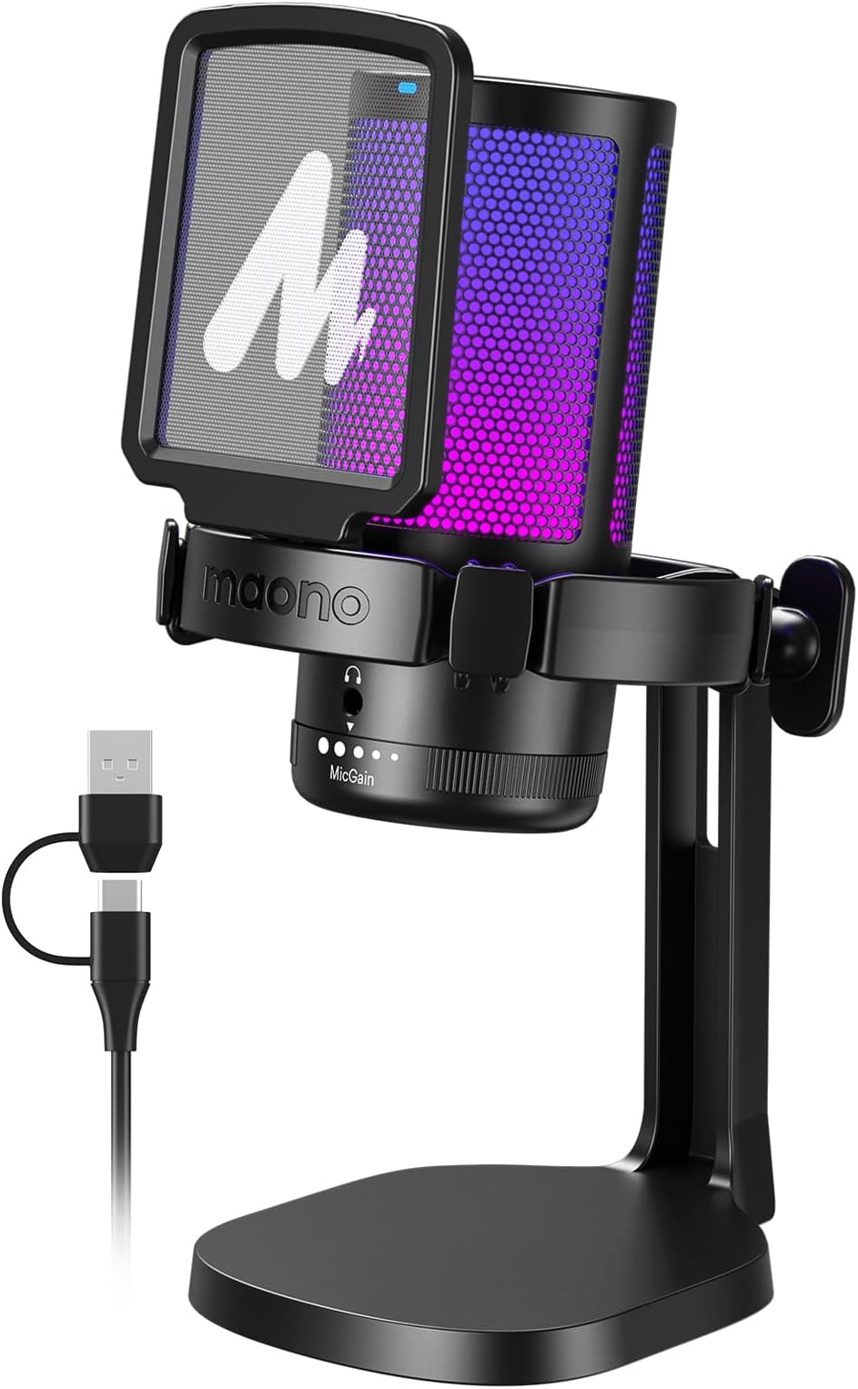 MAONO USB Condenser Microphone, Gaming Microphone, Noise Cancelling, PC Microphone, Mute Button, Unidirectional, RGB Lighting, Volume Control, Plug & Play, Computer Microphone, Game Streaming, Live