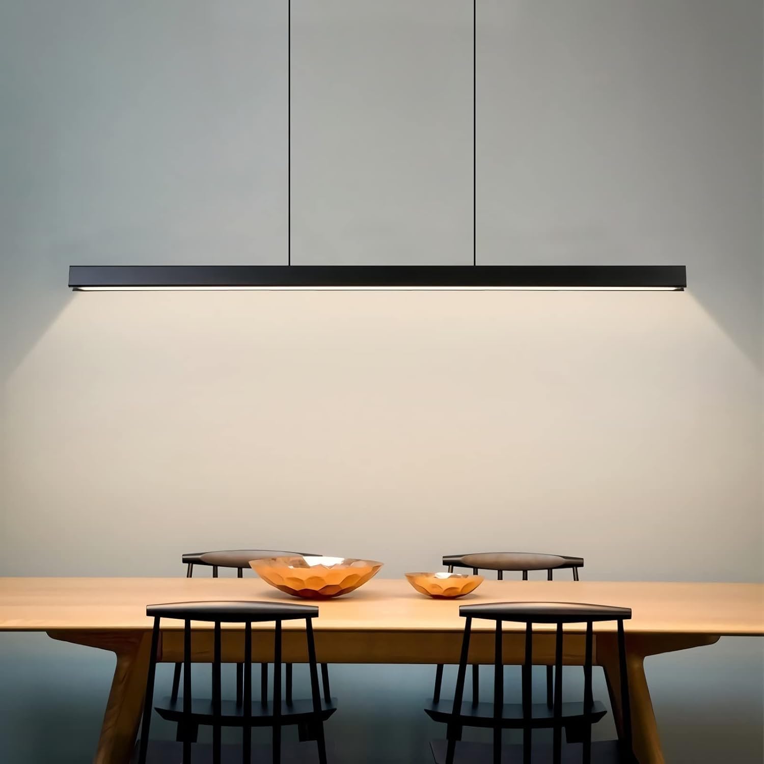 KXEcoLife Modern Black Linear LED Pendant Light, Adjustable Height Chandelier, Remote Control Dimmable 3000K-6000K, Ideal for Dining Room, Kitchen, Living Bedroom (80cm)