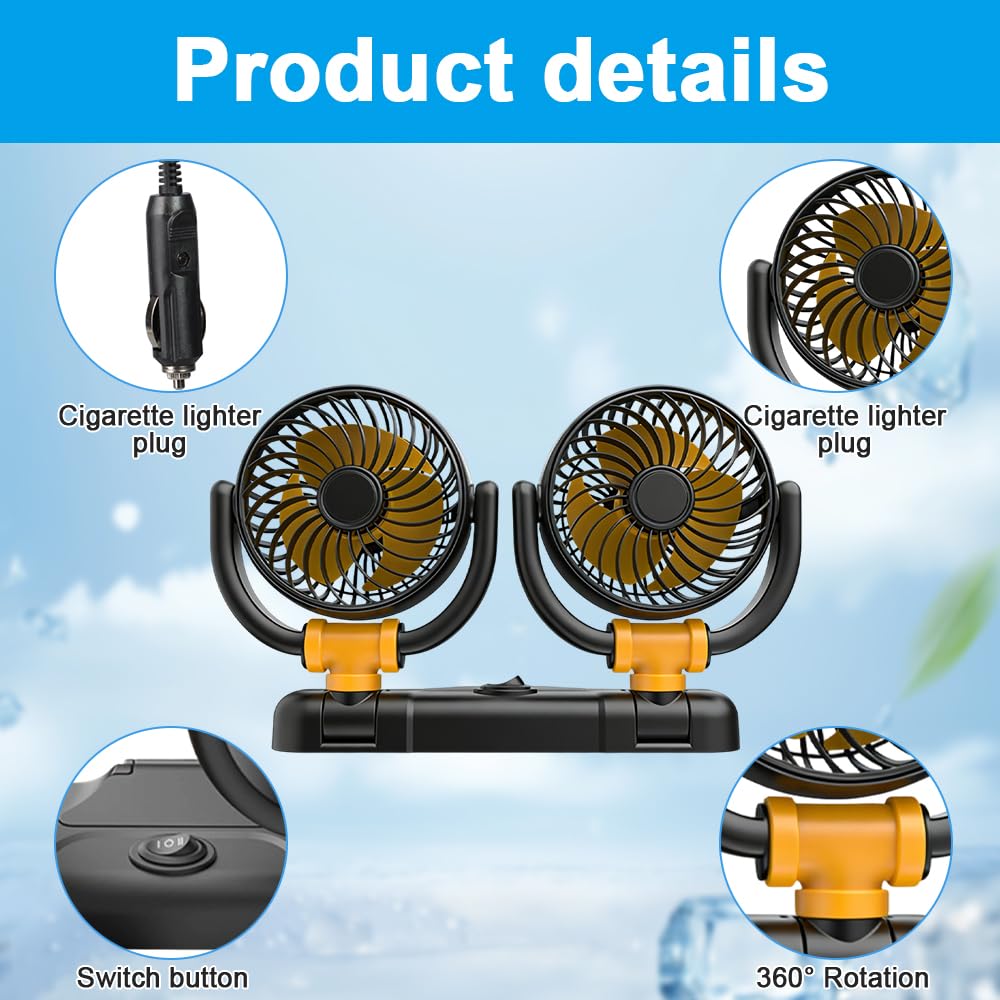 Mineup Ventilatore Auto 12V, Ventilatore Auto Doppia Testa, Ventilator 360° Ruotabile Portatile Con 2 Velocità, Alimentate Tramite Accendisigari, Per Cruscotto Aut Furgone SUV RV Barca