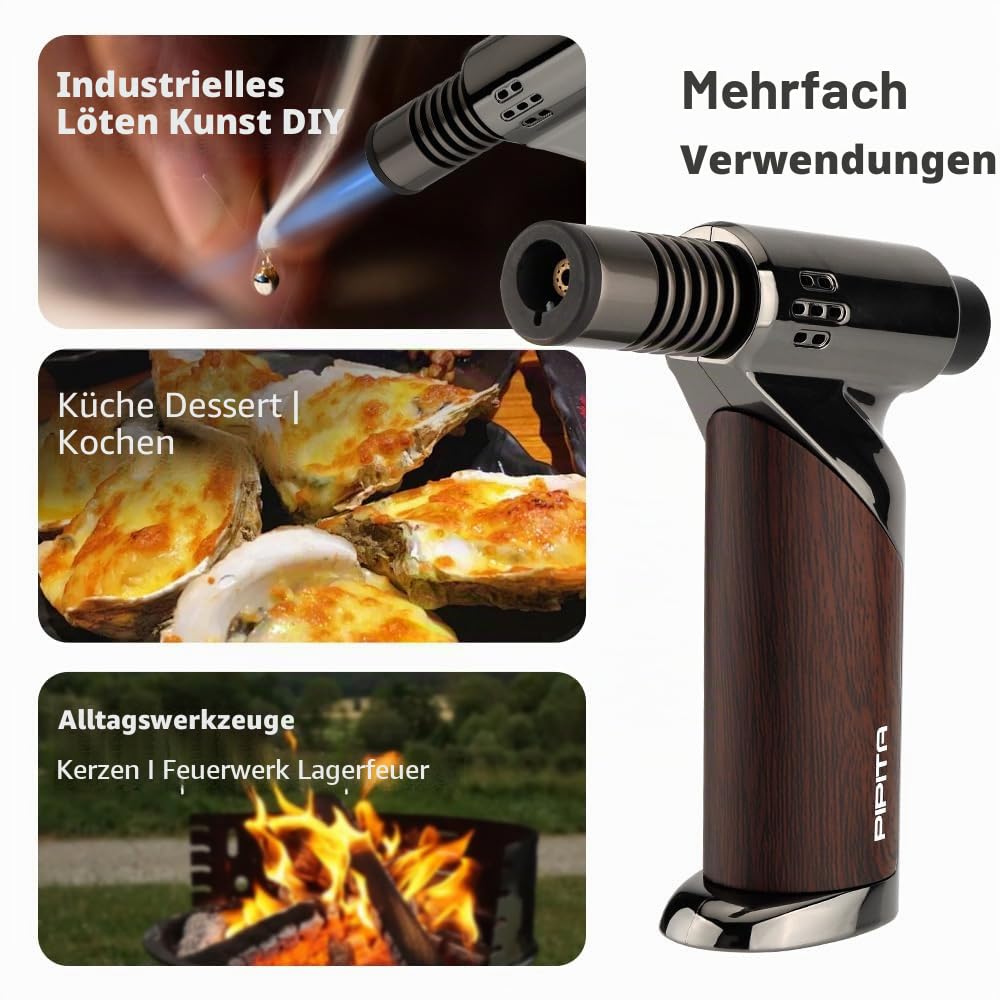 Küchenbrenner zum Küche Flambierer und Heimwerken, Lötbrenner mit Sicherheitsverschluss und verstellbarer Flamme, nachfüllbares Butangasfeuerzeug für BBQ Creme Brulee, Schweißen,Backen(Ohne Gas)