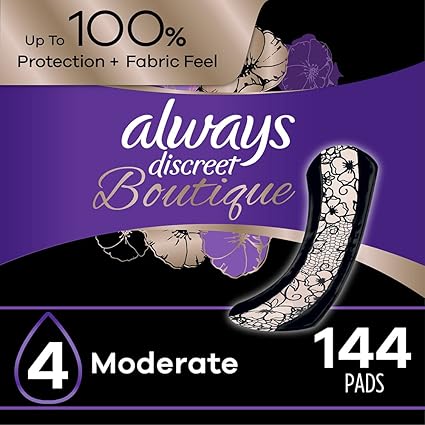 Always Discreet Boutique Incontinence & Postpartum Incontinence Pads for Women, Size 4, Moderate Absorbency, 144 Count, Regular Length (3 Packs of 48 ...