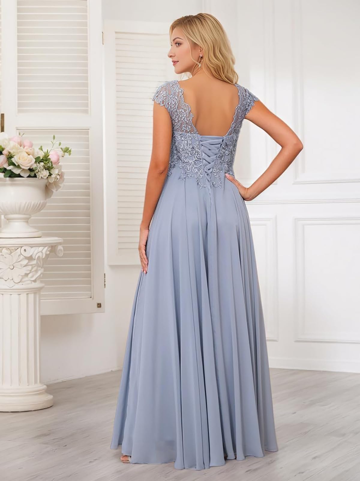 HUINI Damen Brautmutterkleider für Hochzeit Chiffon Rüschen mit Spitzenapplikation und Flügelärmeln Kleid Hochzeitsgast Damen Formell Abendkleider Elegant Für Hochzeit