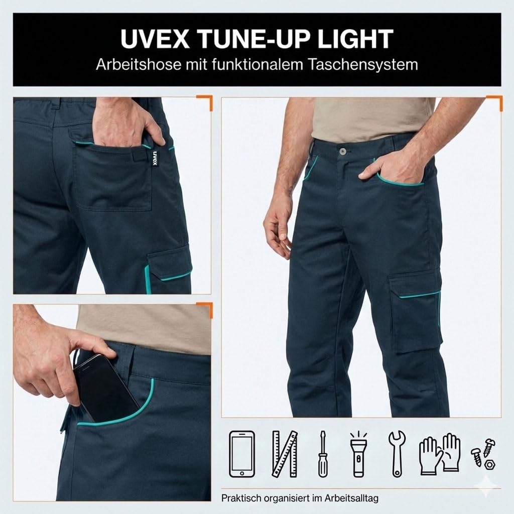 Uvex Tune-up Light męskie spodnie robocze, 2-kierunkowy stretch, lekkie, wytrzymałe, elastyczne, kieszenie cargo i kieszeń na calówkę