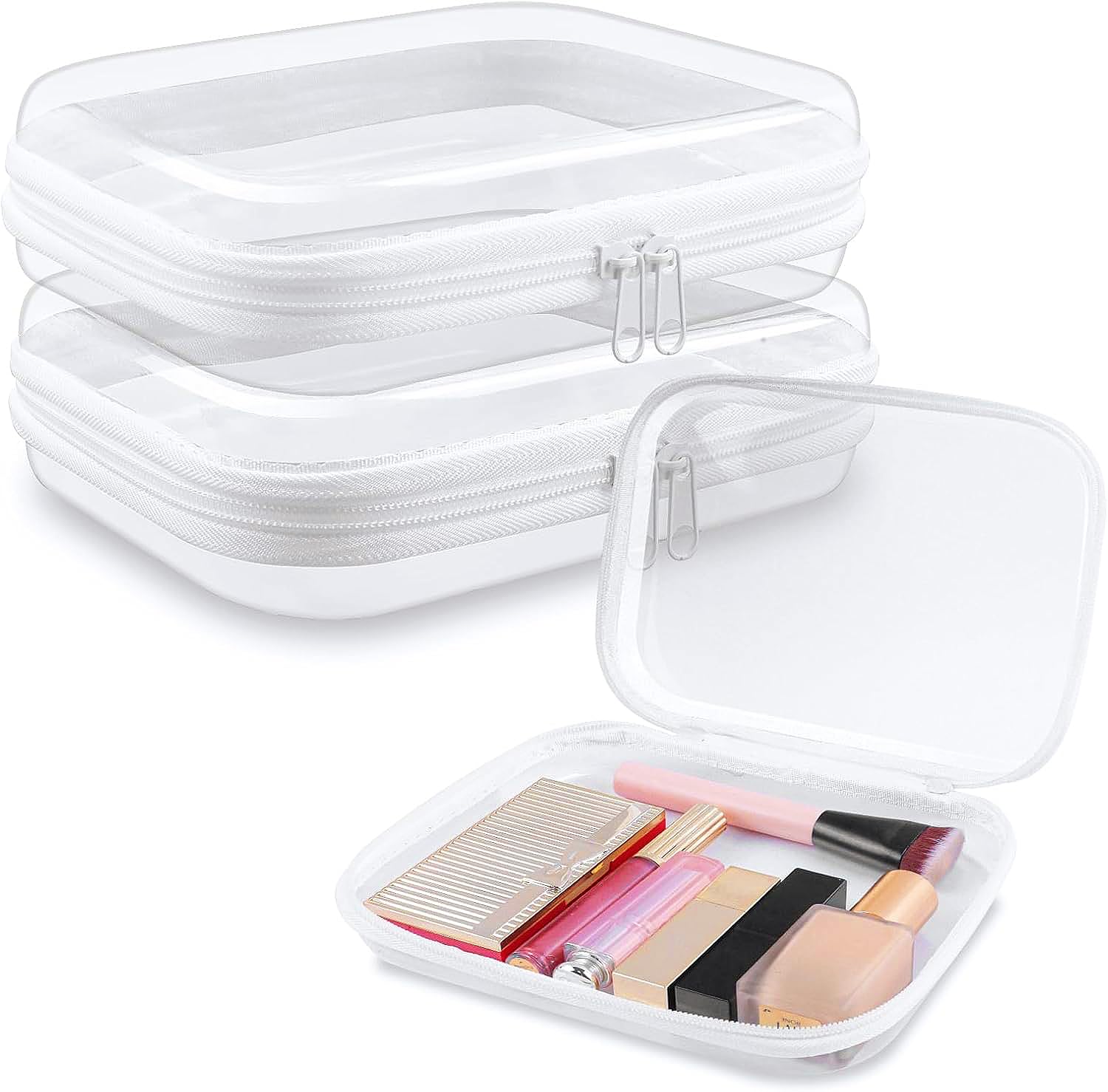 Clear Hard Shell Zipper Case 3 PCS Plastic Zipper Hard Pouch Clear Shell Organizer Case for Toiletry Pouch Cosmetic Bag Box Storage Bins Uses (White, 10"x8"x2")-image-17