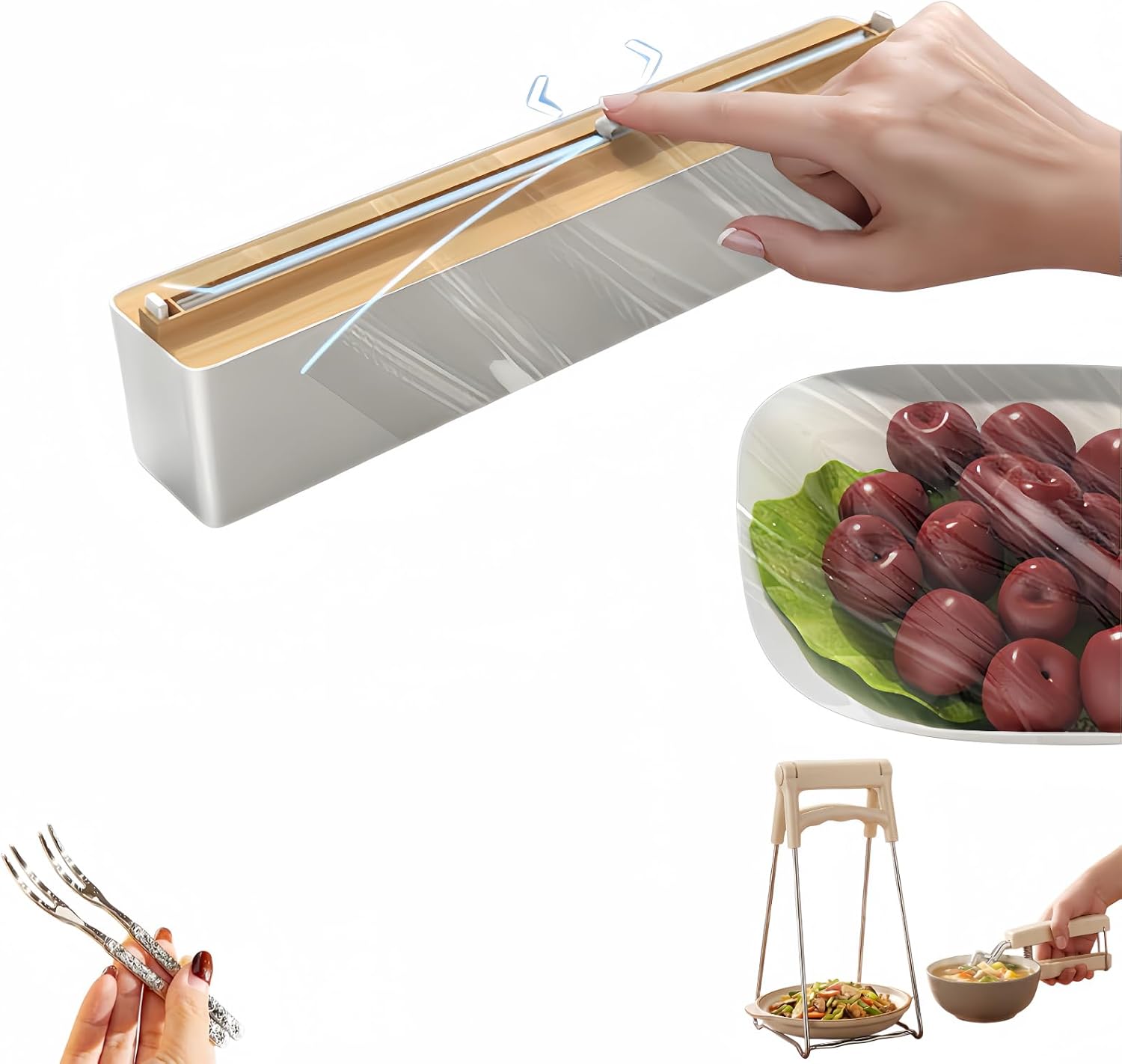 Magnetic Wrap Dispenser with Cutter，Kitchen Plastic Wrap Dispenser with Cutters Organizer, 3 in 1 Magnetic Foil and Plastic Wrap Organizer with Paper,Sliding Cutter, Fridge Or Wall Mount Storage (B)