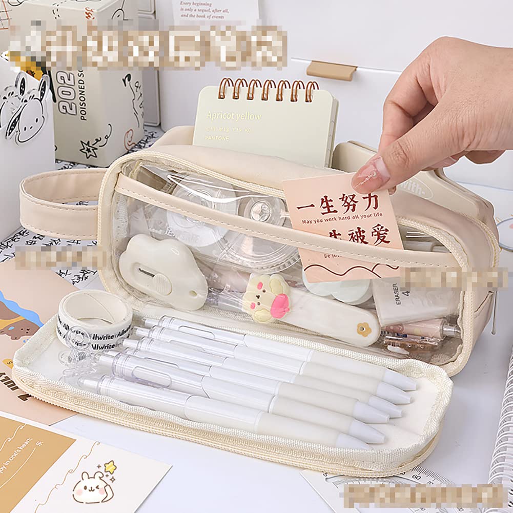 JIHUOO Large Capacity Pencil Case Bag PVC Pencil Pouch Double Layered Pen Bag Aesthetic Pen Pouch Toiletry Bag School Supplies Grey - Image 2