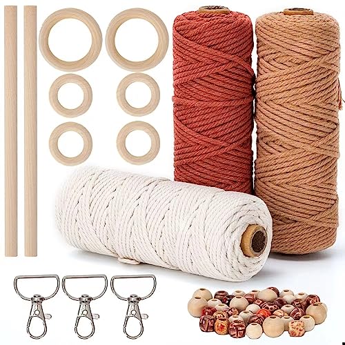HanCheng Macrame Yarn Set, 60m, 3mm, 3 Colors (Beige, Bordeaux, Dusky Pink) With 40 Wooden Beads, 6 Rings, 2 Sticks, 3 Keyrings