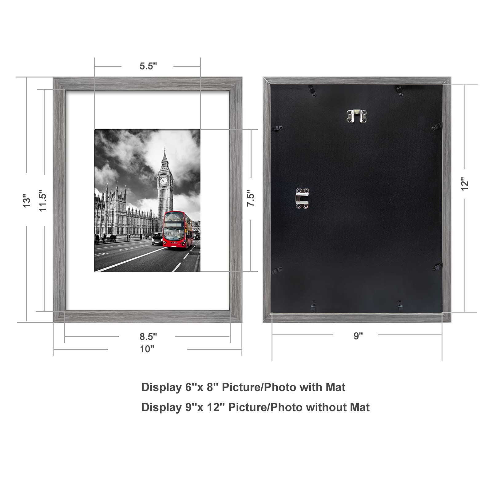 IkaLede 9x12 Rustic Picture Frame Display Pictures 6x8 with Mat or 9x12 without Mat Wooden Farmhouse Distressed Photo Frames for Artwork Wall Mounting and Table Top, Grey