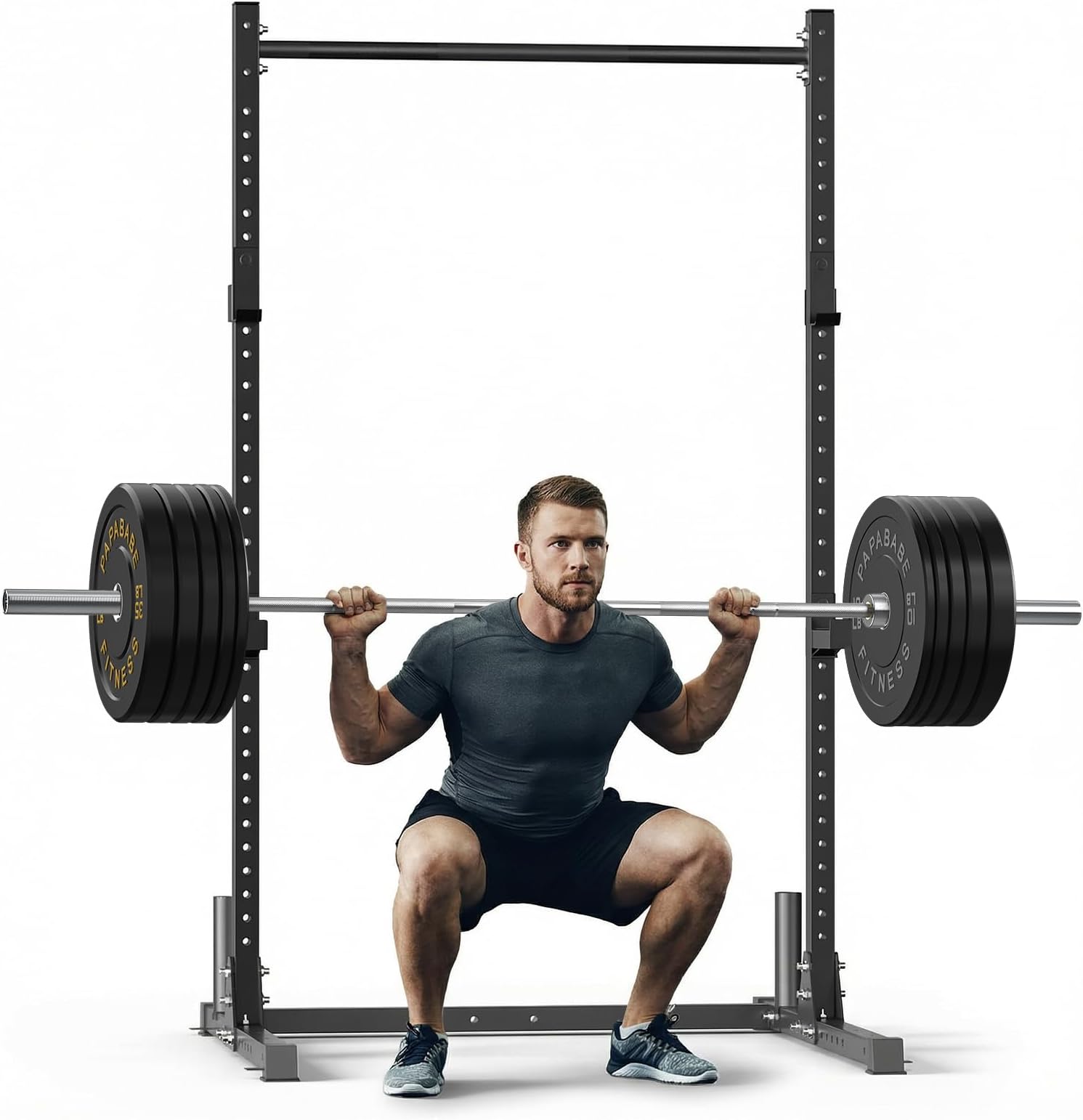 papababe Squat Rack with Pull Up Bar for Home Gym, Adjustable Power Cage with J-Hooks, 800LB Capacity Multi-Functional Bench Press Power Rack for 6FT, 7FT Barbell, Weight Lifting Rack