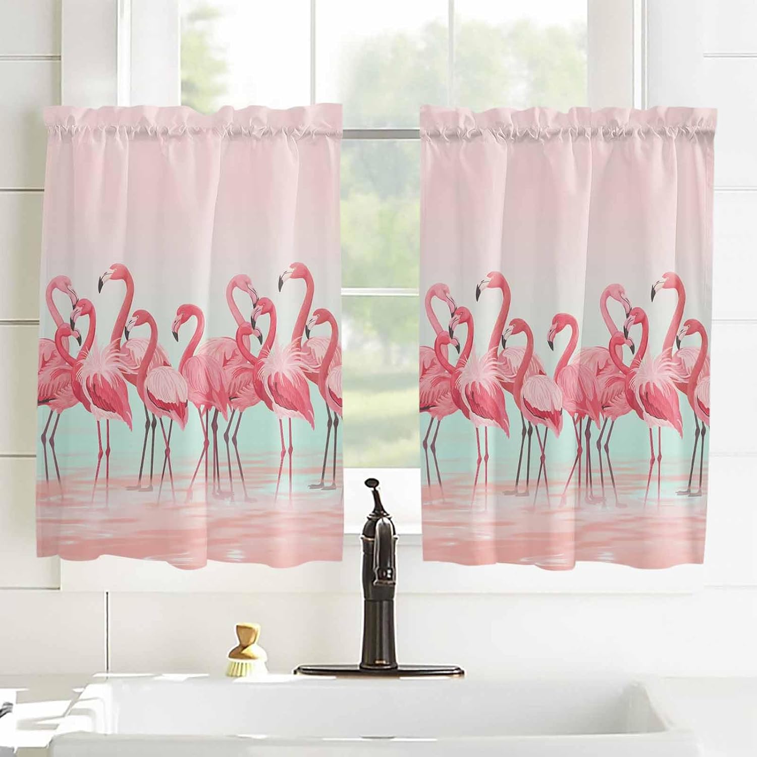 Pink Flamingos Kitchen Curtain 45 Inch Length, Small Short Cafe Tiers Curtains Drape, Summer Fall Tropical Birds, 2 Panel Window Treatment Rod Pocket Drapery Panels Curtains 55x45