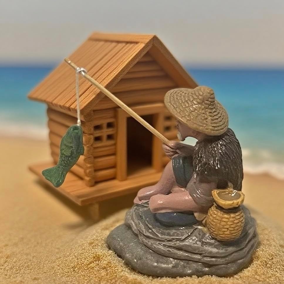 Miniatura 6 de Mini figuras de pescador en miniatura, estatua de cerámica china de lodo, vintage, adorno de resina para pecera, bonsái, figura de paisaje en