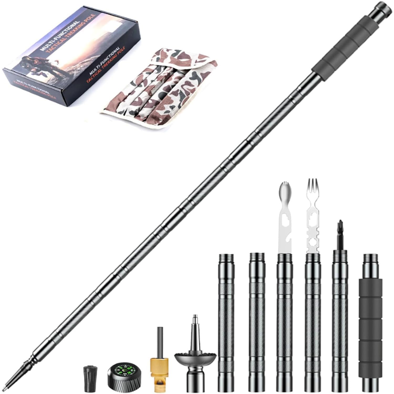 Trekking Pole Tactical Walking Stick, Multifunctional Lightweight Aircraft Aluminum Collapsible Survival Hiking Pole with Storage Bag for Women Men