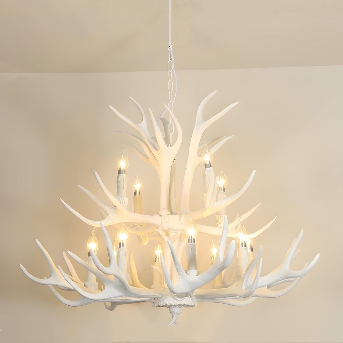 Large White Antler Chandelier Rustic 12 Lights Deer Horn Pendant Light Antique White Farmhouse Chandelier Vintage Candle Style Faux Antler Hanging Ceiling Light