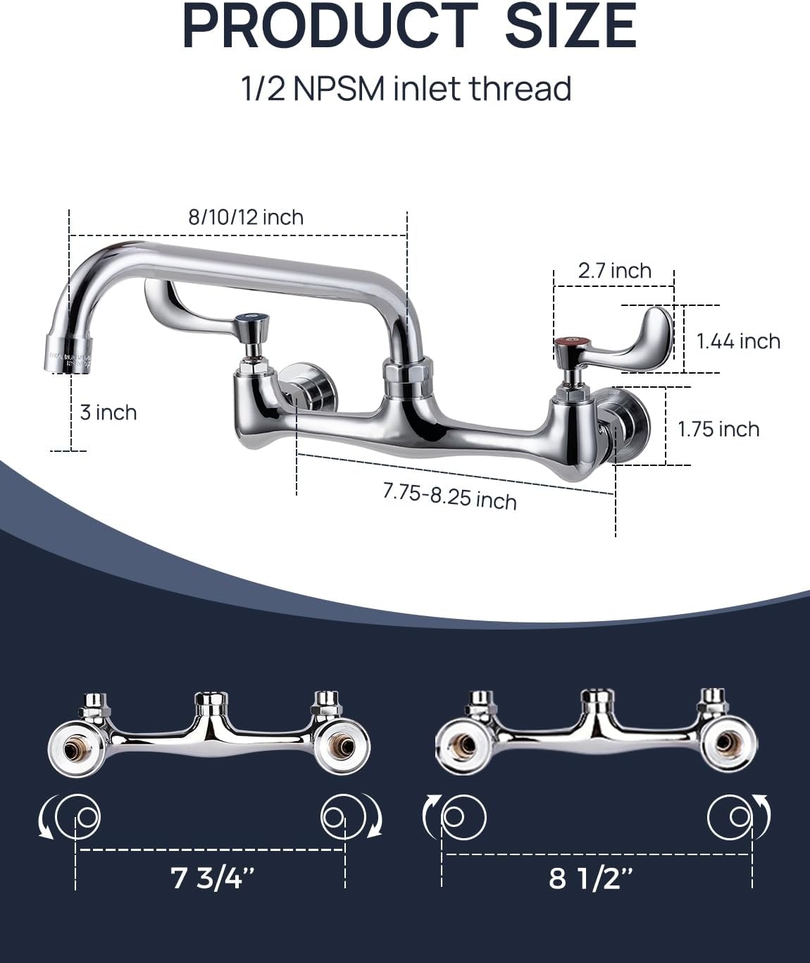 Commercial Faucet with 8" Center 10" Spout Wall Mount Kitchen Sink Faucet and 8" Swing Nozzle Chrome Polished Chrome Polished