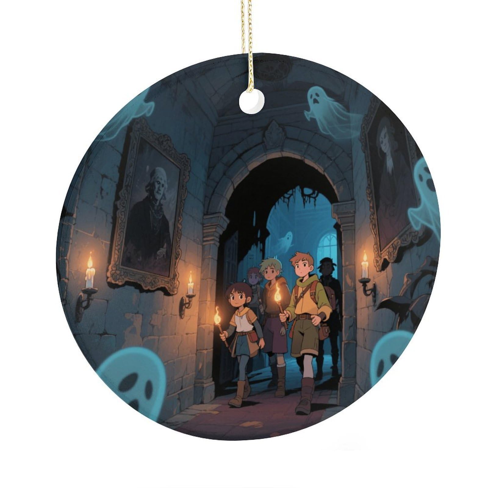 Fekiloot Style Ghost Castle Christmas Ornaments 2.9 Inch Round Ceramic Ornament Keepsake Thank You Gifts For Office, Room, Home - Holiday Present Ideas