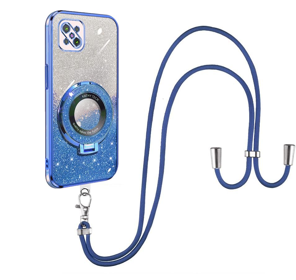 SNCLET Pegatinas Brillantes Funda con Cuerda para OPPO A92s Funda de Gel TPU Suave con Soporte Plegable Creativo Ajustable Collar de Cuello Cordón Antigolpes Carcasa para OPPO A92s,Azul