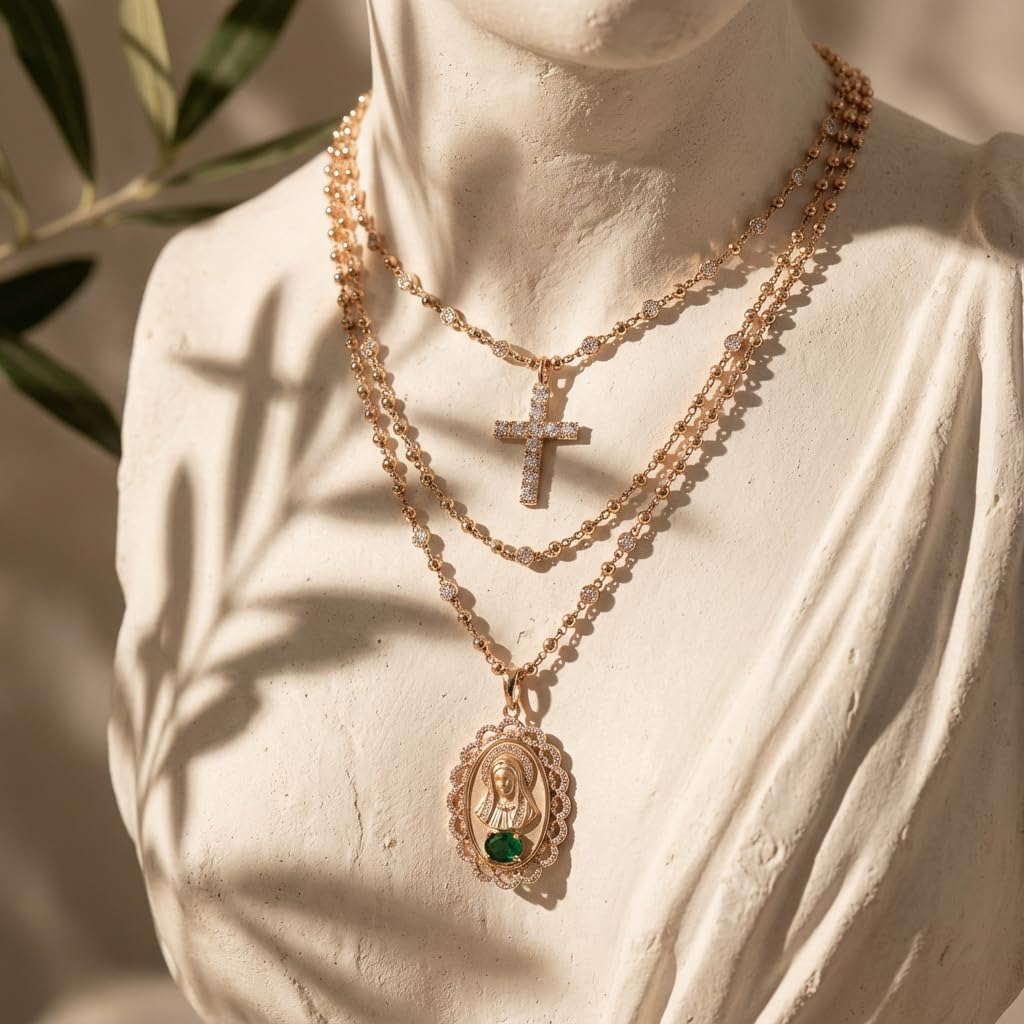 14K Gold Plated Virgin Mary Necklace for Women, Layered Blessed Mother Necklace with CZ Cross & Ruby Accents, Miraculous Medal Gold Marian Charm Beaded Chain Christian Jewelry Gift for Her