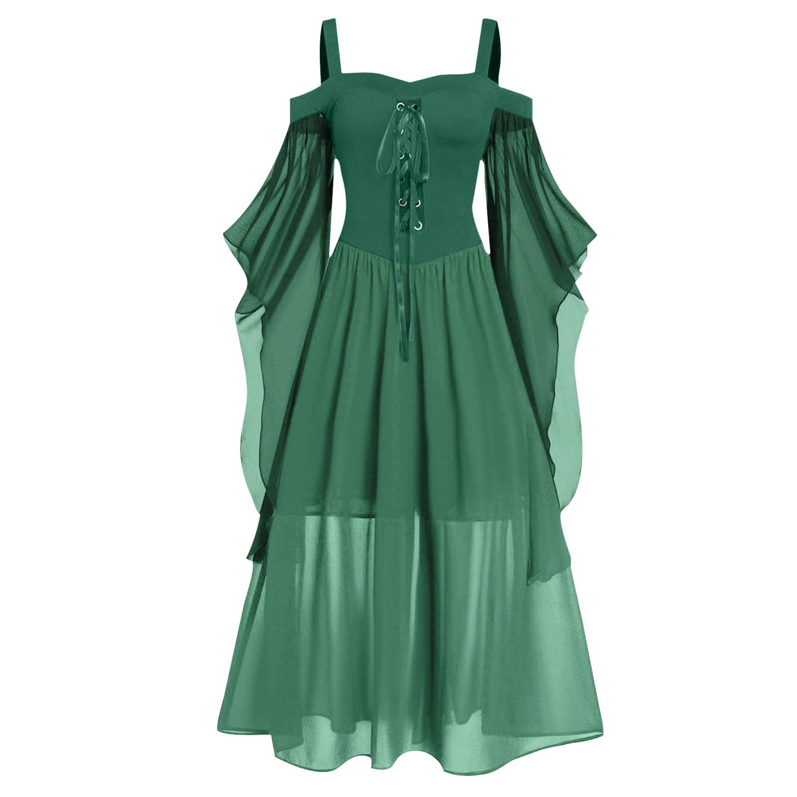 Womens Gothic Dress Off Shoulder Lace Butterfly Sleeve Adult Halloween Costumes,Sheer Layered Design Elegant Fit Flowy Style Tulle Skirt 01-Green 5XL