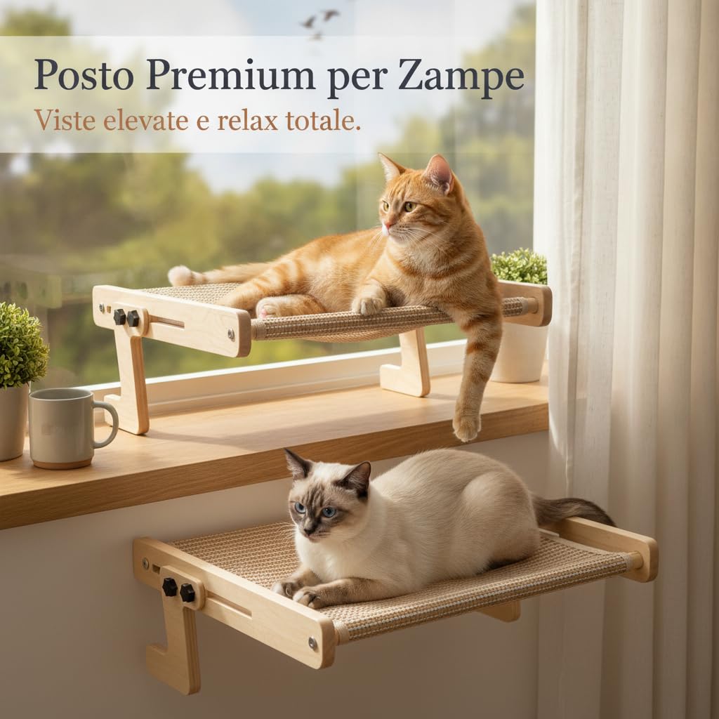 Amaca per Gatti, Cuccia Sospesa in Legno, style to 3 | Morsetto senza fori, Amaca a più livelli, Spazio per graffiare, Per amanti dei felini