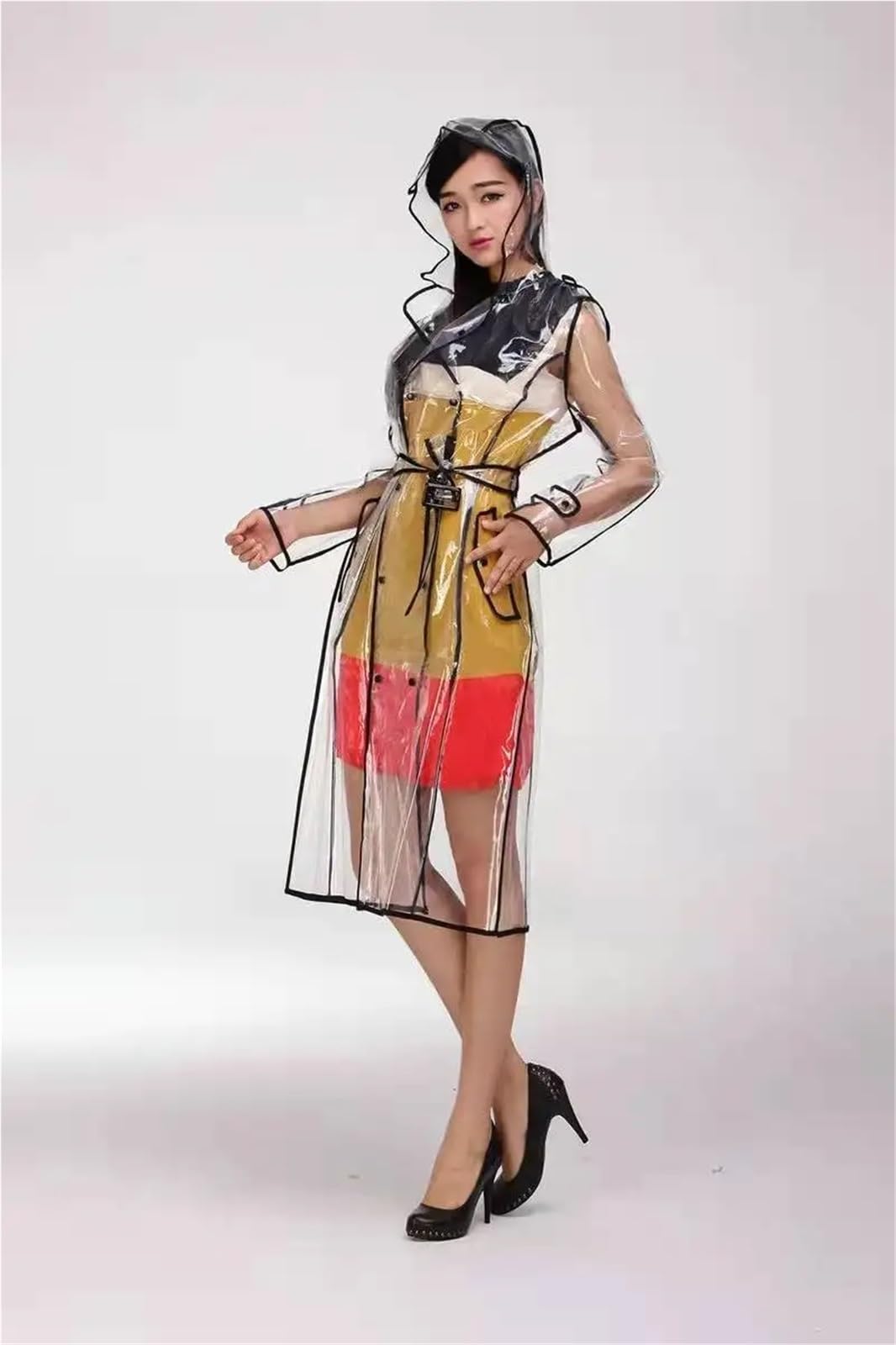 Poncho Antipioggia Impermeabile con cappuccio e cintura, impermeabile, in plastica trasparente, lungo, da donna, da uomo