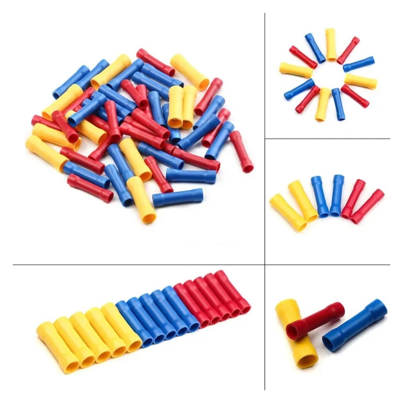 50Pcs Insulated Butt Wire Crimp Terminal Assorted 10-22AWG Straight Electrical Wire Splice Crimp Connectors Kit Red/Blue/Yellow