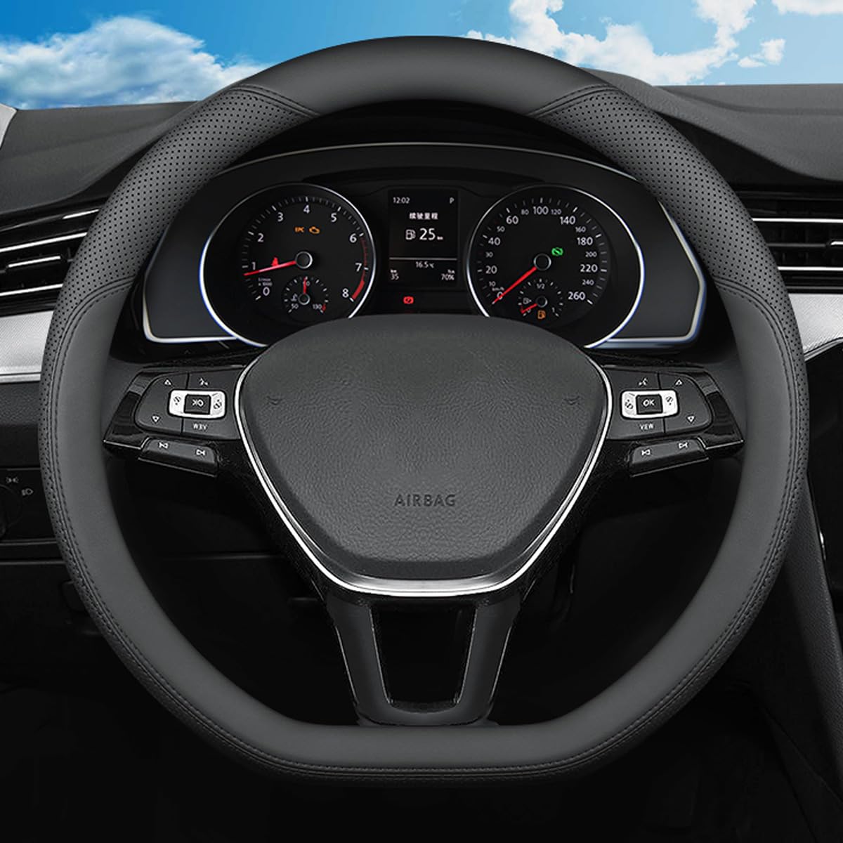 SZYUCHEN D-Shaped Steering Wheel Cover for Volkswagen VW Atlas Tiguan Jetta ID.4 Passat Taos Golf Beetle Polo GTI Touareg CC SEL SE R-line S Cross Sport Car Accessories, 14.5-15 inch Black