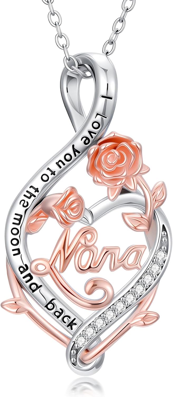Dorunmo Mothers Day Gifts for Mom 925 Sterling Silver Rose Heart Necklace Mom Nana Daughter Necklace Mother's Day Jewelry Gifts for Grandma from Daughter Son