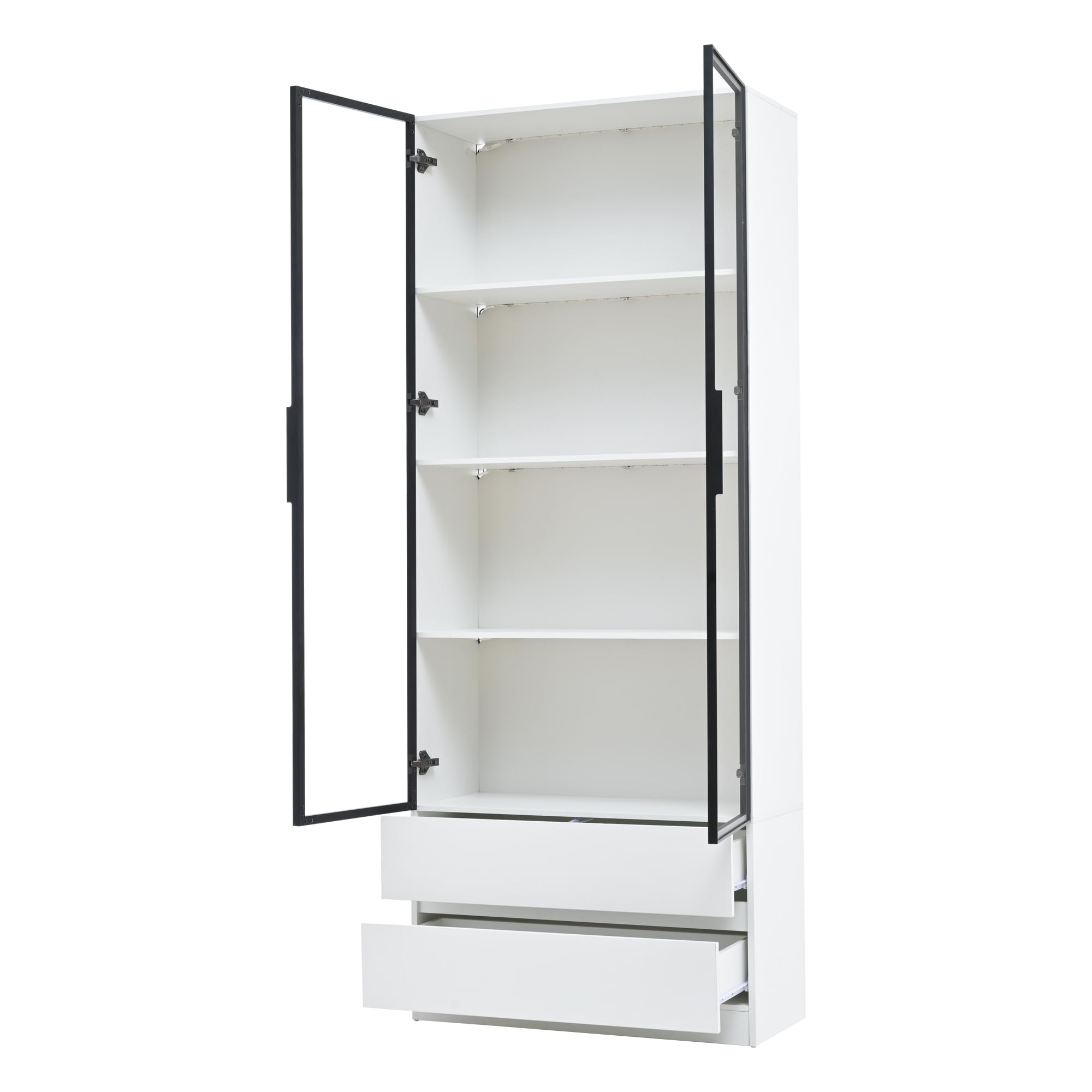Vitrina, 80 x 34 x 200 cm, armario alto con luces LED, armario auxiliar para salón con 2 puertas, armarios de vitrina con 2 cajones, estantería, estantería, estante de exhibición, marco de