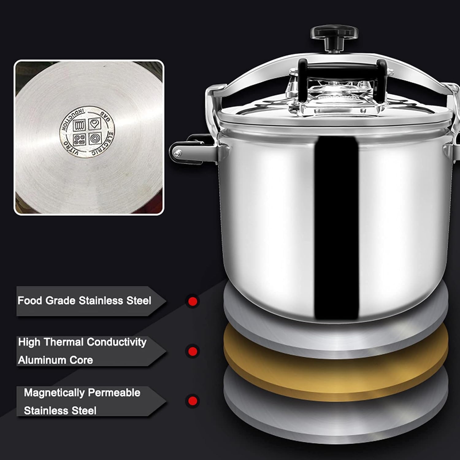 Large Capacity Stainless Steel Pressure Cooker，Commercial Explosion-Proof High High Pressure Cooking Pot Suitable for Gas Induction Cooker，Silver-22L