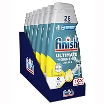 Finish Quantum + Igiene, Detersivo Lavastoviglie Raccomandato da Napisan, Gel Lavastoviglie al Limone, 182 Lavaggi, 7 confezioni da 26 Lavaggi di Liquido Lavastoviglie