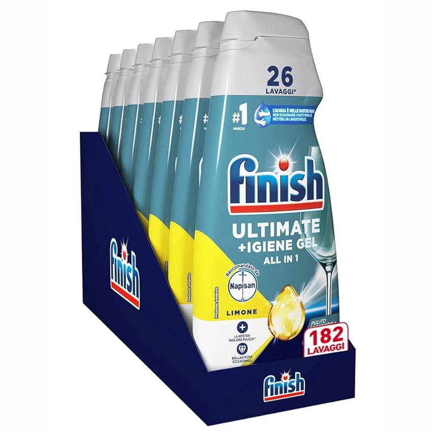 Finish Quantum + Igiene, Detersivo Lavastoviglie Raccomandato da Napisan, Gel Lavastoviglie al Limone, 182 Lavaggi, 7 confezioni da 26 Lavaggi di Liquido Lavastoviglie