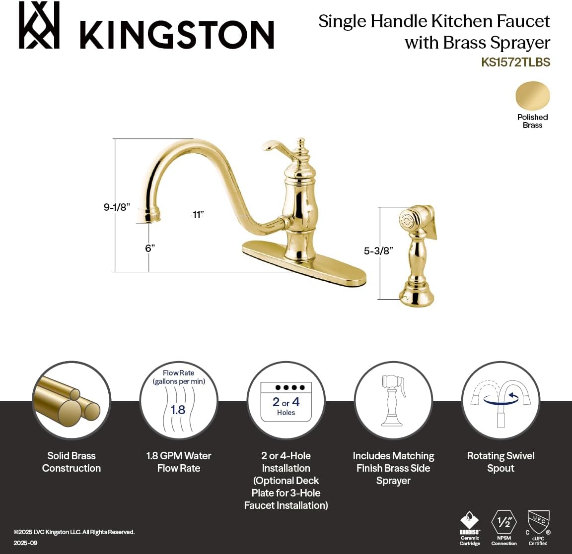 Kingston Brass KS1572TLBS Single-Handle Kitchen Faucet, Polished Brass