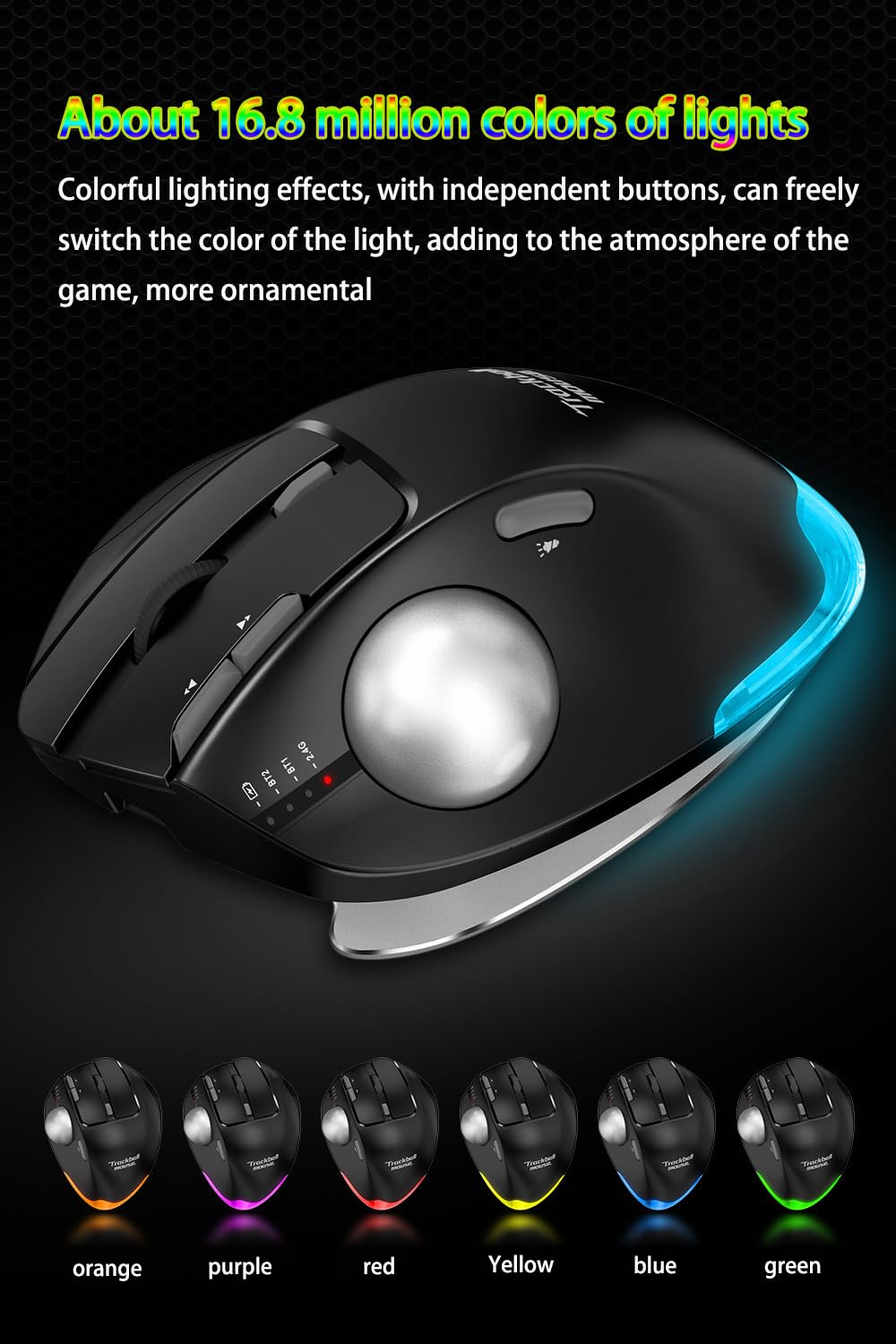 Mouse Trackball Wireless, Mouse Ergonomico Wireless con Bluetooth 2.4G, Ricaricabile Mouse per PC, Mac, Windows, Controllo Pollice, con Luci Colorate RGB Pulsanti Programmabili Trasformazione Nero
