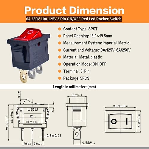 Miniatura 7 de Interruptor basculante de barco, interruptor de palanca a presión SPST ON-Off 2 pines 2 posiciones CA 250 V 6 A 125 V 10 A, interruptor para
