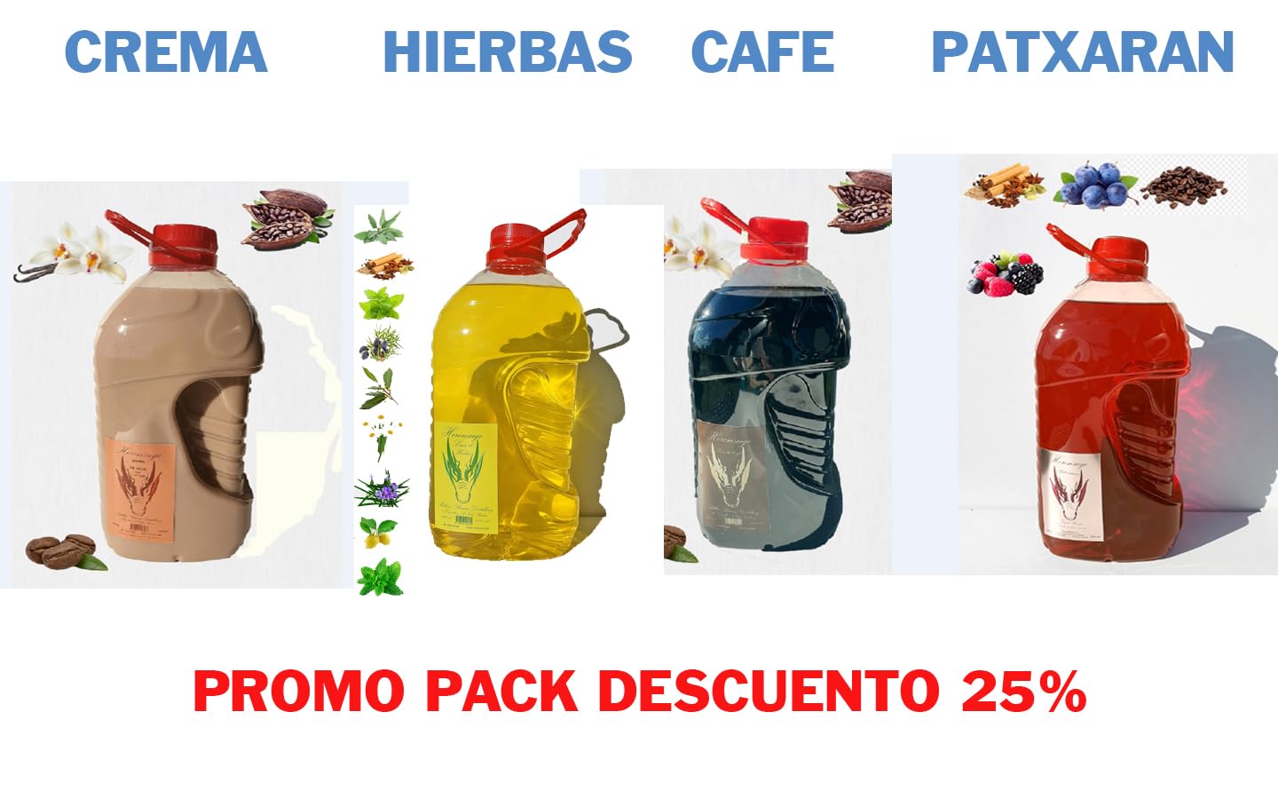 PACK AHORRO 4 UNIDADES 3LITROS ORUJOS HIERBAS, CREMA, CAFE, PATXARAN