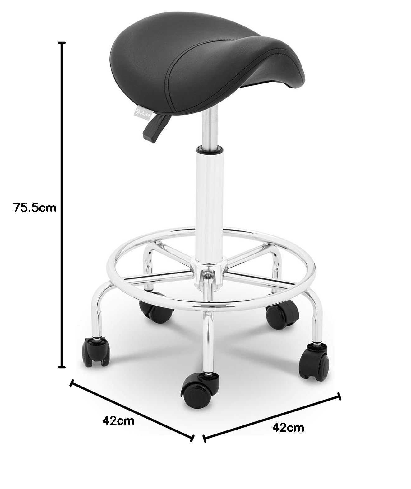 Physa Siège-Selle Assis Debout Ergonomique Tabouret Frankfurt Black 58-74 cm 150 Kg Pivotant Roulettes Noir