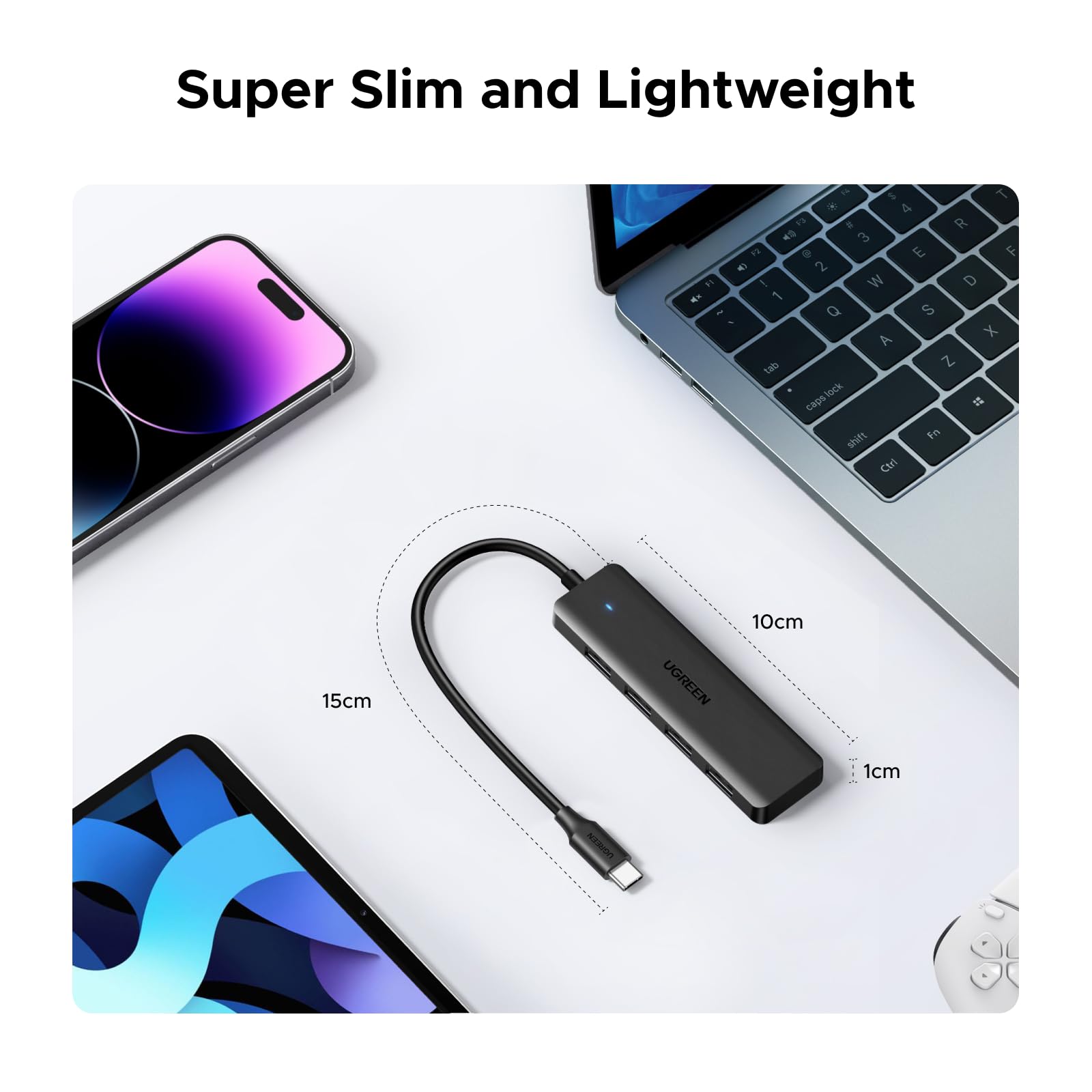 UGREEN USB-C Hub, 4-portowy hub USB 3.0, przedłużacz, transfer danych 5 Gb/s (15 cm)