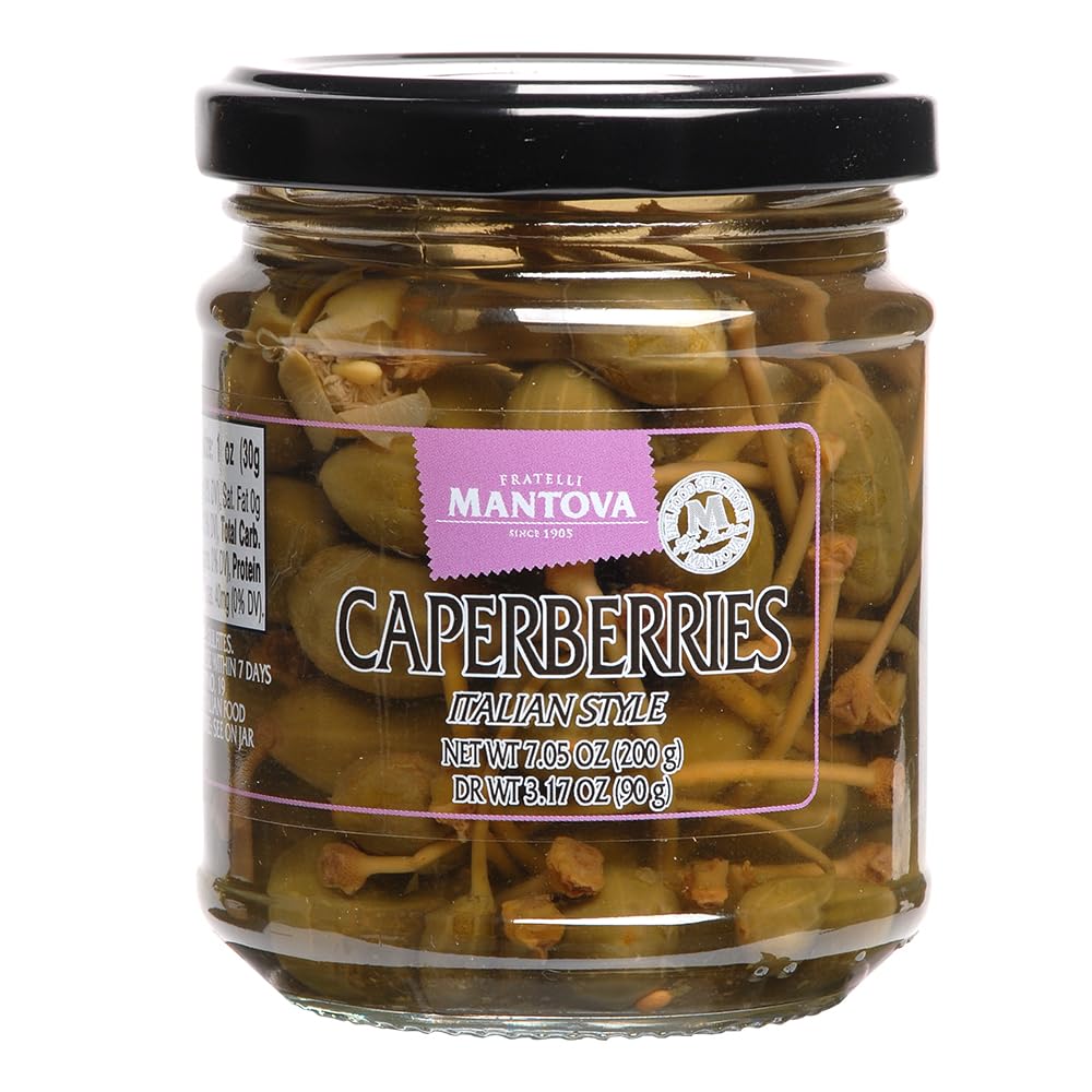 Mantova Caperberries in a Vinegar Mild Brine, 7.05 oz. (Pack of 2), Product of Italy, All-Natural, Caper Bush Fruit, Non-GMO, Gluten-Free, Cholesterol-Free, Vegan-Friendly, Paleo-Friendly