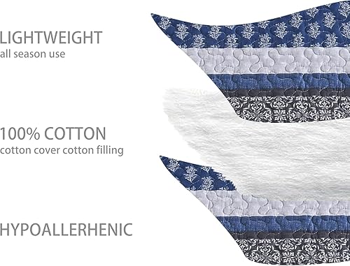 Miniatura 4 de Juego de edredón tamaño King de 100 % algodón, juego de ropa de cama a cuadros azules, edredones ligeros de granja para cama tamaño King, colcha de