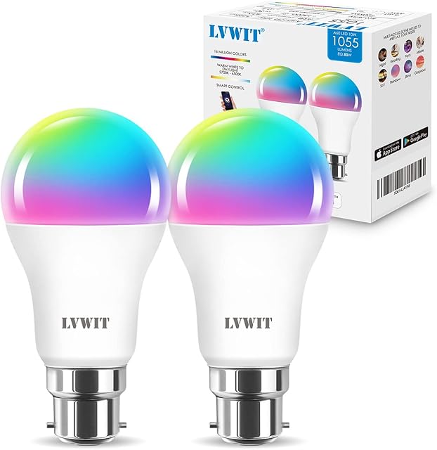 ANWIO Smart Bulbs Bayonet ,Bright WiFi Bulb B22,1055Lm,10W Replace 75 Watt, B22 RGB WiFi Smart Life Bulbs,Compatible with Alexa and Google Home,Remote Control by APP, 220-240V,No Hub Required (2 PCS)
