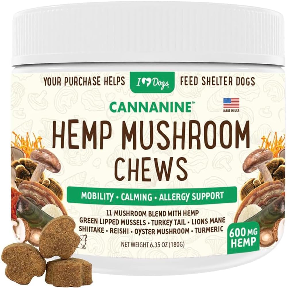 iHeartDogs Hemp Mushroom Chews - Mobility, Calming, Allergy, Lumps, Bumps, Lipomas & Immune Support - Mushroom Blend w/Turkey Tail, Lion’s Mane & Green Lipped Mussels - 60 Ct 600mg Hemp