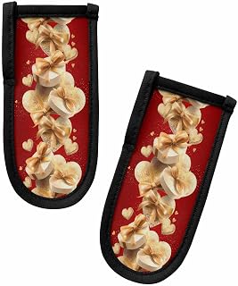 Valentine's Day 2 Packs Hot Handle Holder, Cast Iron Skillets Pan Handle Covers Sleeves Potholder Kitchen Decor Essential Cookware for Home Camping Cooking Tools, Golden Red Heart Romantic Love