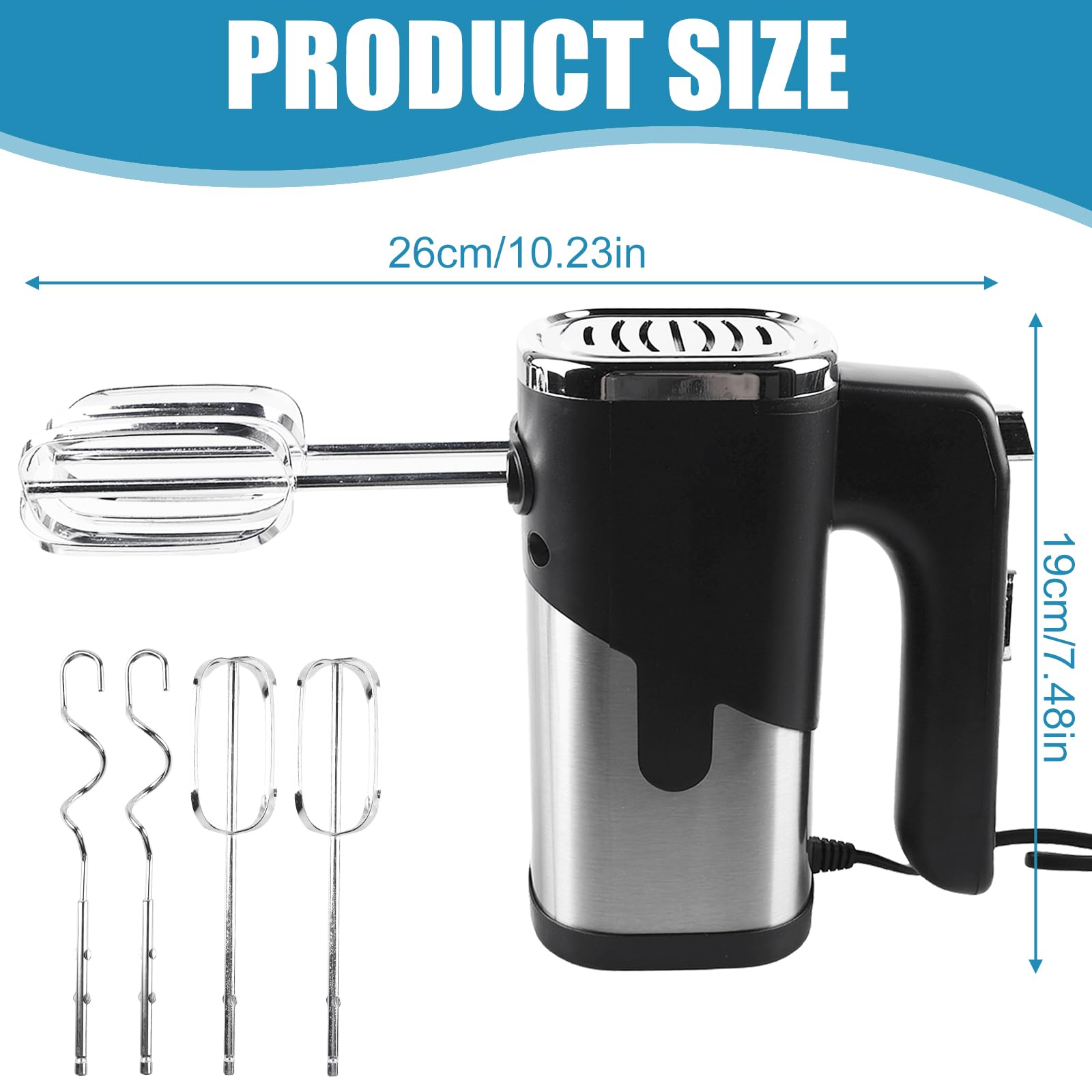 Handmixer: 800W Mixer Handrührer, 5 Geschwindigkeiten, Elektrisch Handrührgerät mit 4*Edelstahl Zubehör, Rührgerät Handmixer, Edelstahlkneter Handmixer, Handrührer, Küchenmixer (Schwarz)